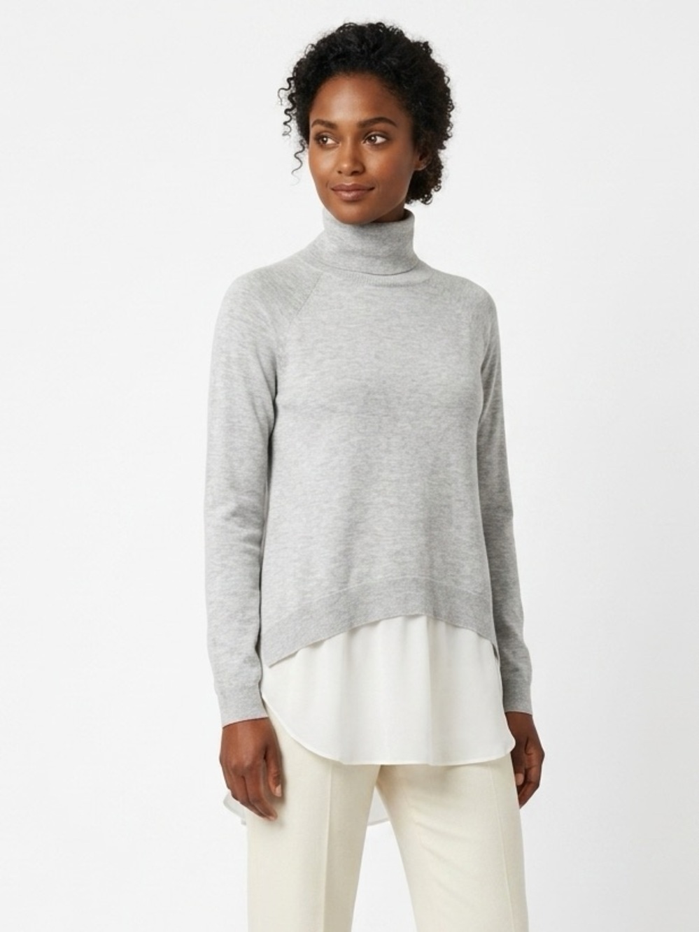 Karen Millen Gray Split Back Layered Chiffon Knit Turtleneck Sweater Size 2